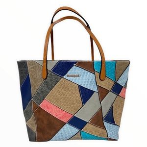 Desigual Patchwork Multi Color Reversible Tote Bag Purse Faux Leather